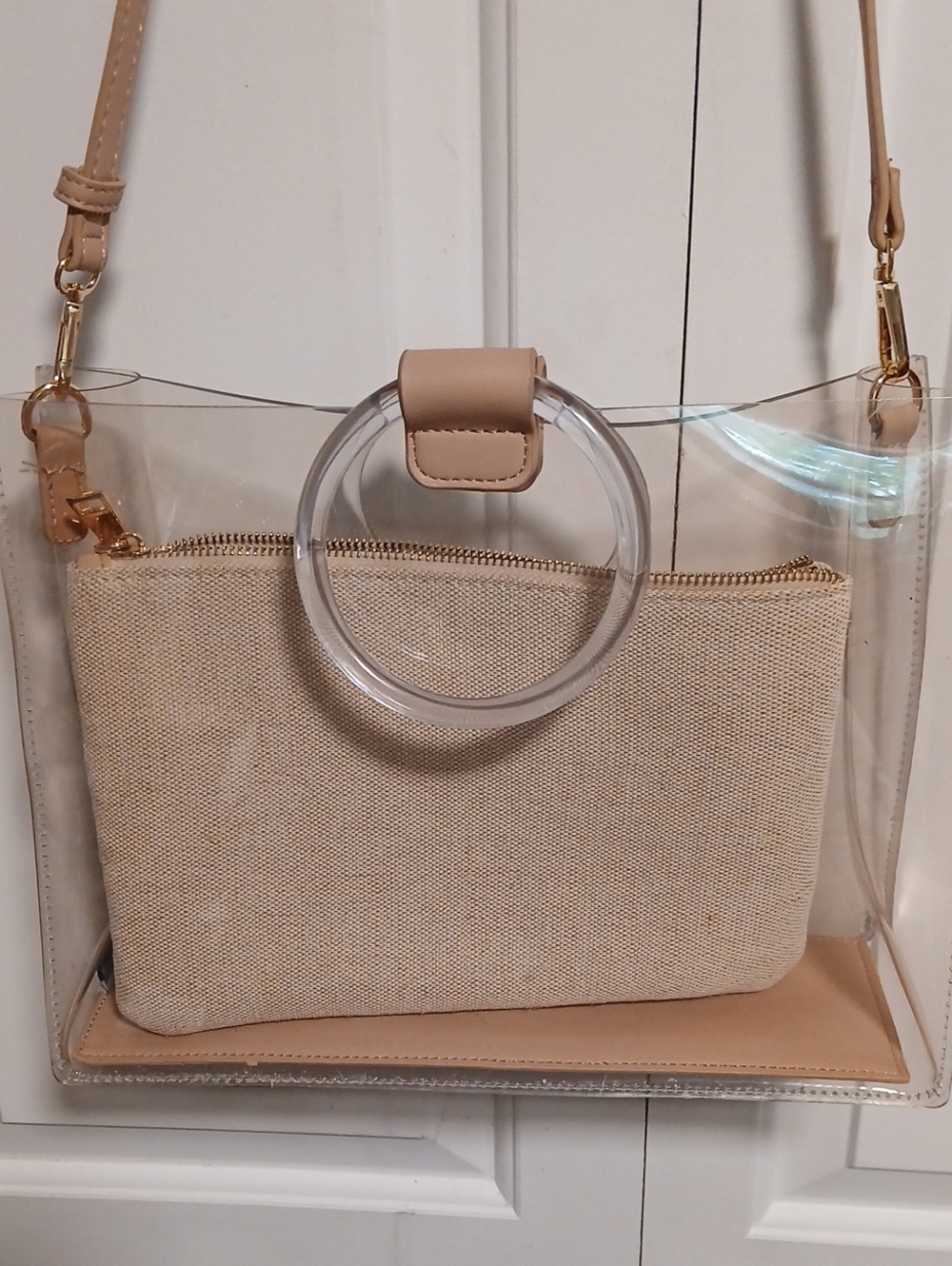 Clear Tote with Beige Removable Canvas Clutch . Venue, Concert Purse